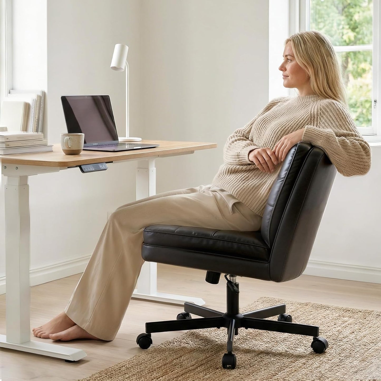 Beige Criss Cross Office Chair Wide Seat Swivel Rolling Vanity Desk Chair