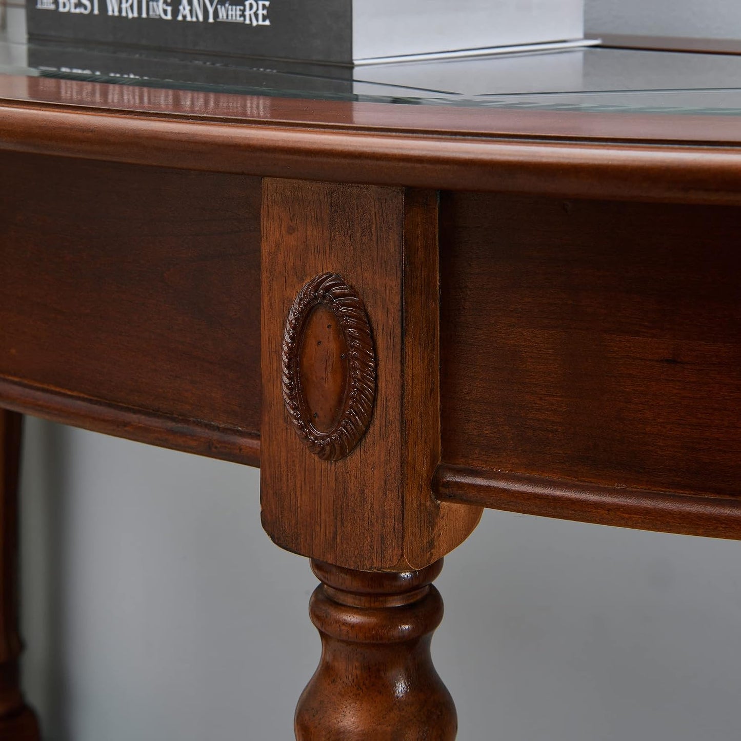 Solid Wood Demi Lune Console Table with Drawer and Storage Shelf