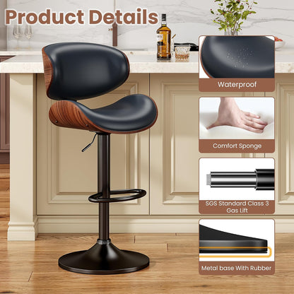Adjustable Swivel Bar Stool Black PU Leather Walnut Bentwood Counter Chair