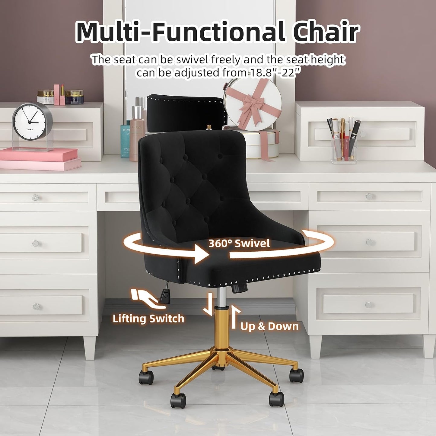 Beige Velvet Swivel Desk Chair Tufted Vanity Chair with Gold Base and Wheels