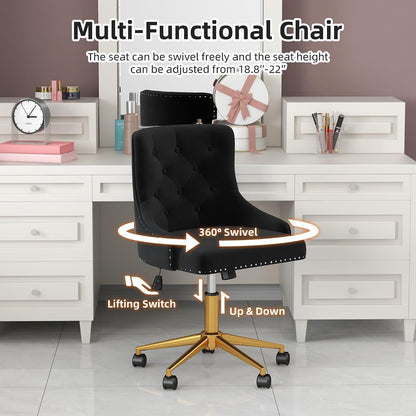 Beige Velvet Swivel Desk Chair Tufted Vanity Chair with Gold Base and Wheels