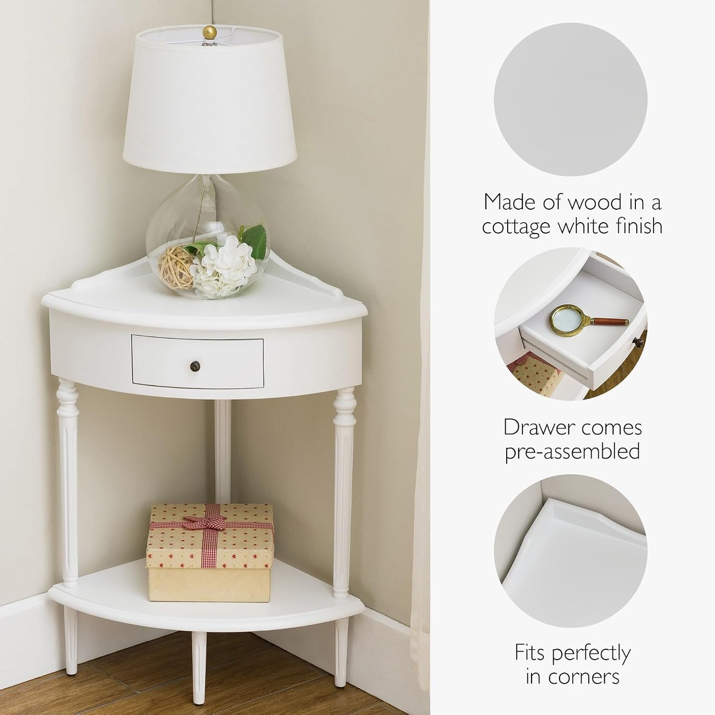 Solid Wood Corner End Table with Drawer Pecan Wedge Accent Table