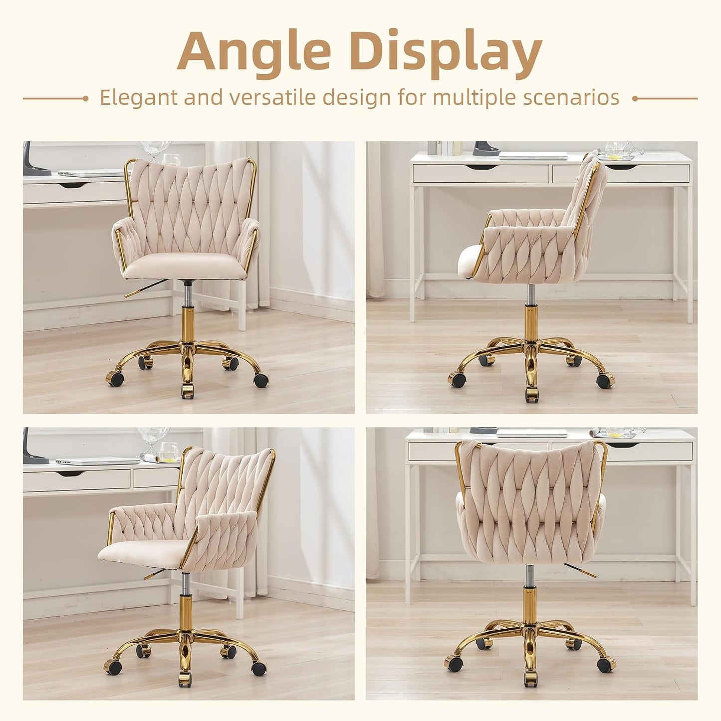 Rose Pink Velvet Vanity Chair Gold Swivel Rolling Office Chair with Wheels