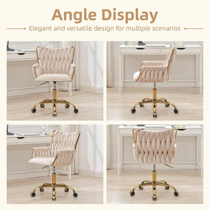 Rose Pink Velvet Vanity Chair Gold Swivel Rolling Office Chair with Wheels