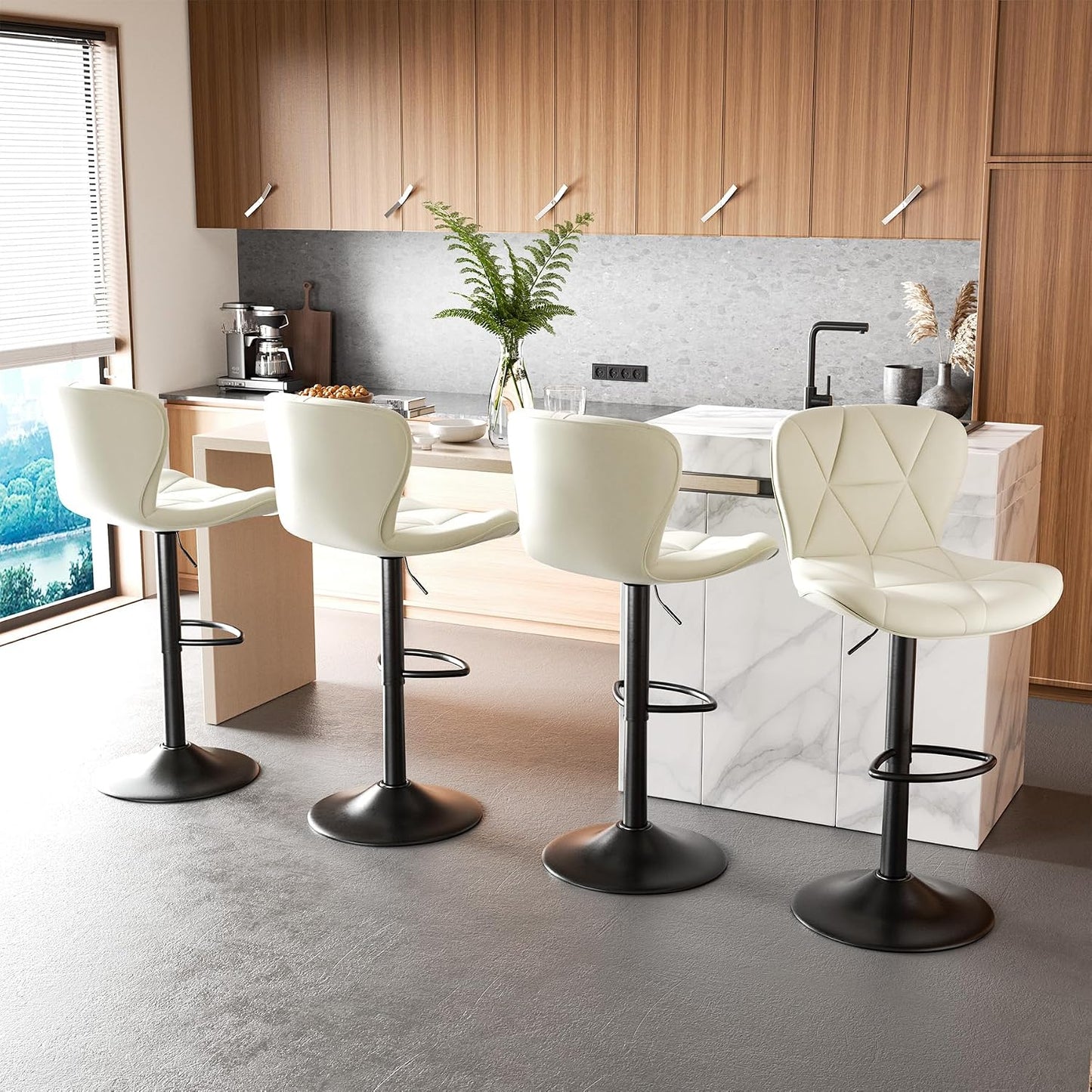 Black Swivel Bar Stools Set of 2 Adjustable Faux Leather Kitchen Chairs