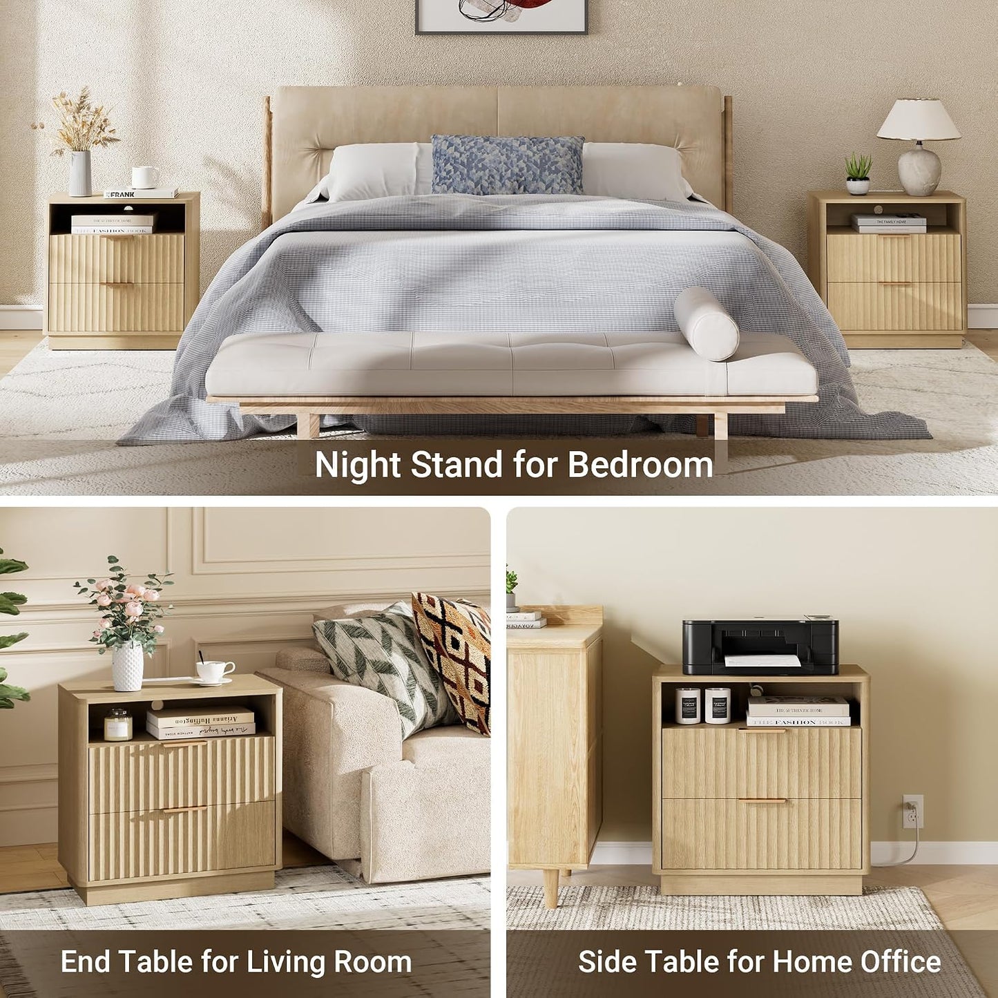 23" Walnut Fluted Nightstand with Charging Station – 2-Drawer Bedside Table