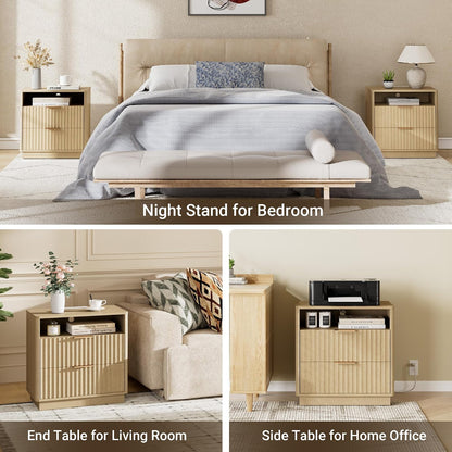 23" Walnut Fluted Nightstand with Charging Station – 2-Drawer Bedside Table
