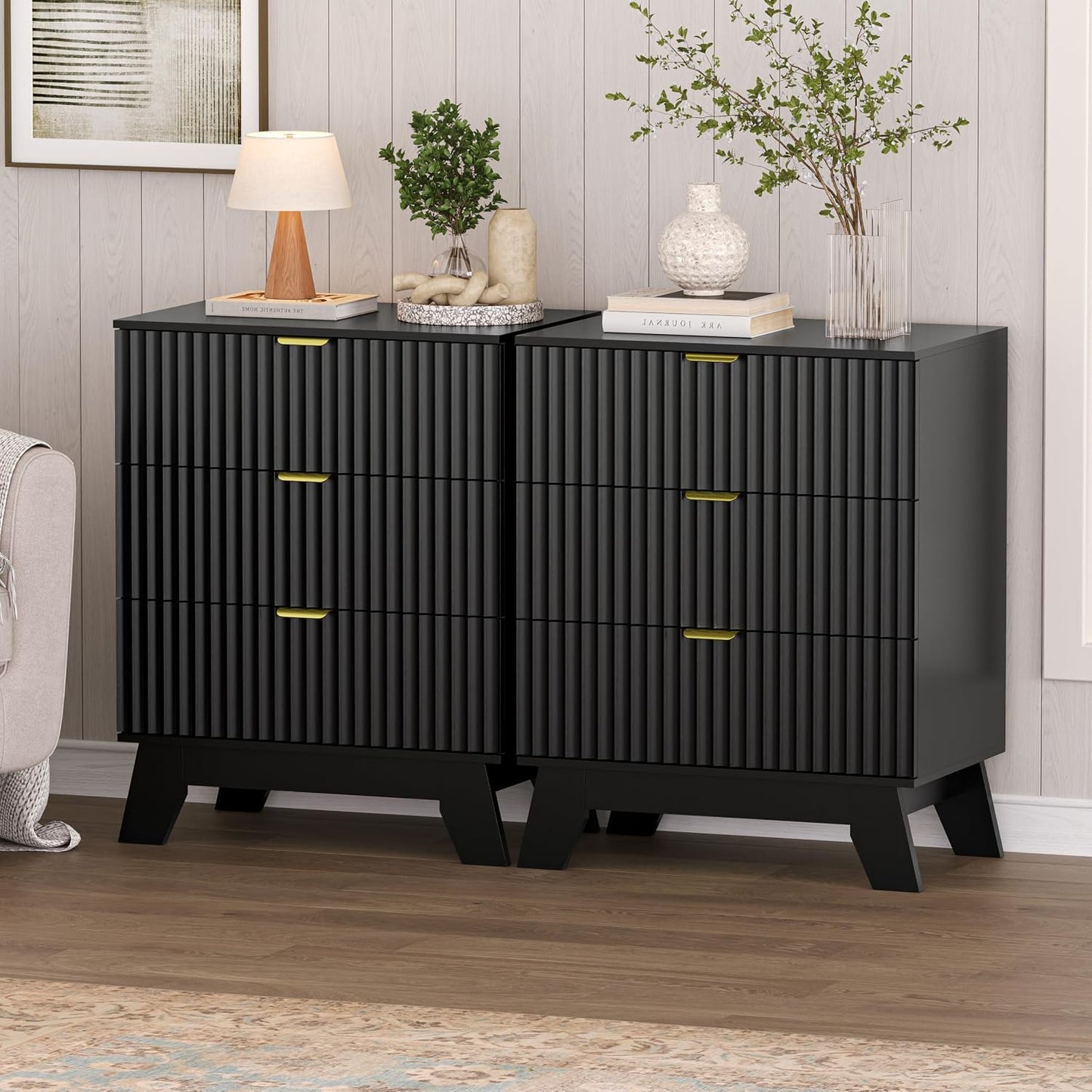 White Fluted Nightstand with 3 Drawers Modern Wide Bedside Table