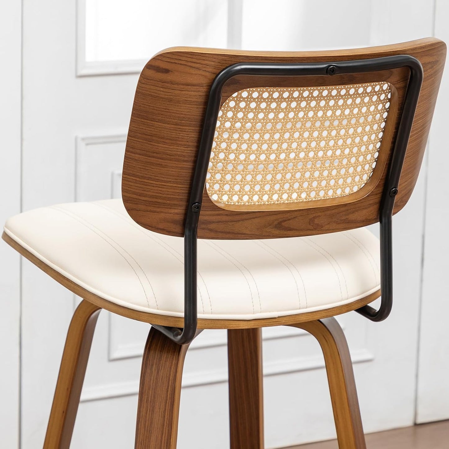 Walnut Rattan Counter Stool with Cane Back Grey Fabric Seat 26 Inch