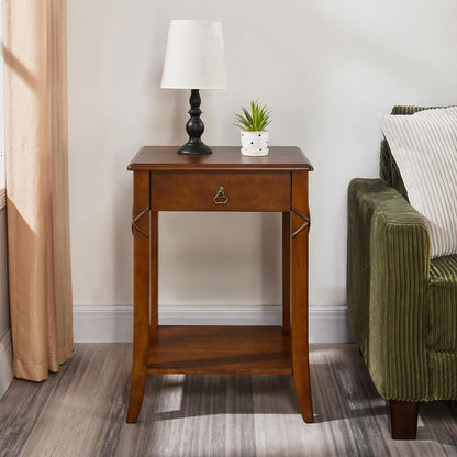 Victorian Solid Wood End Table Cherry Walnut Nightstand with Drawer and Storage Shelf