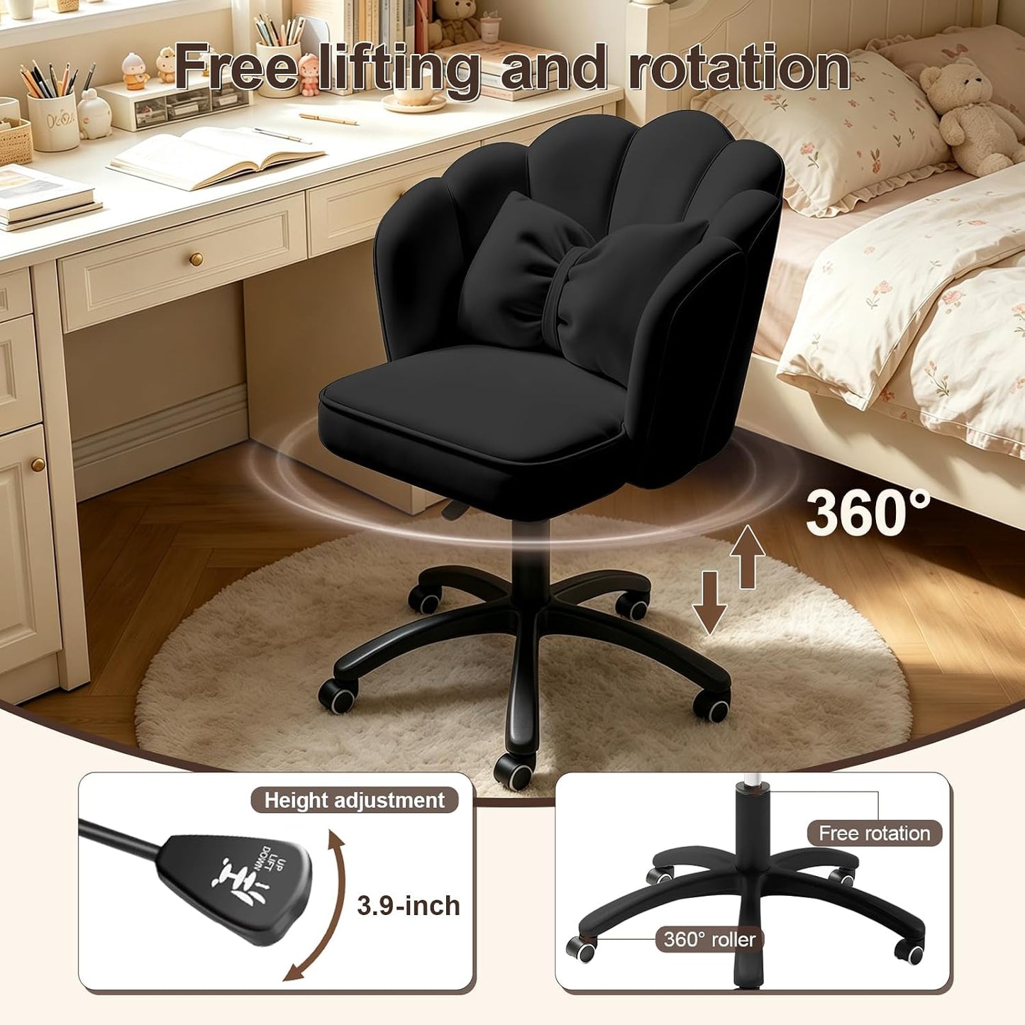 Purple Velvet Petal Vanity Chair Swivel Rolling Desk Chair with Bow Cushion