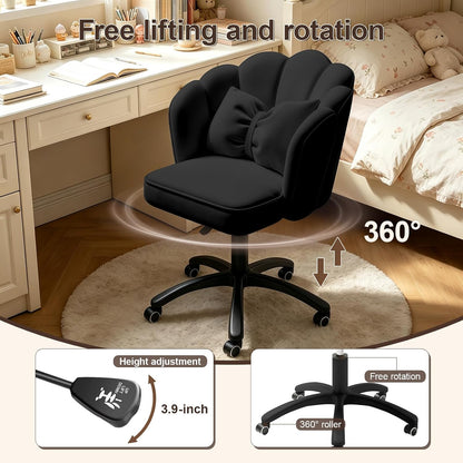Purple Velvet Petal Vanity Chair Swivel Rolling Desk Chair with Bow Cushion
