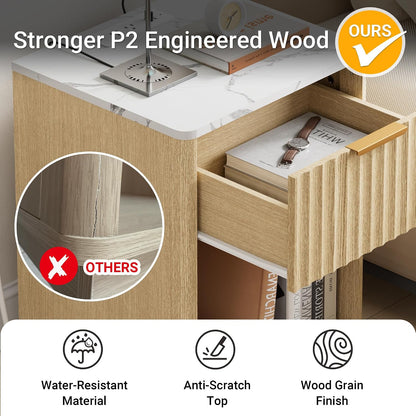 23" Modern Fluted Nightstand with Charging Station – Natural Oak Bedside Table