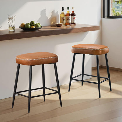 Black Counter Height Bar Stools Set of 2 Upholstered Saddle Seats
