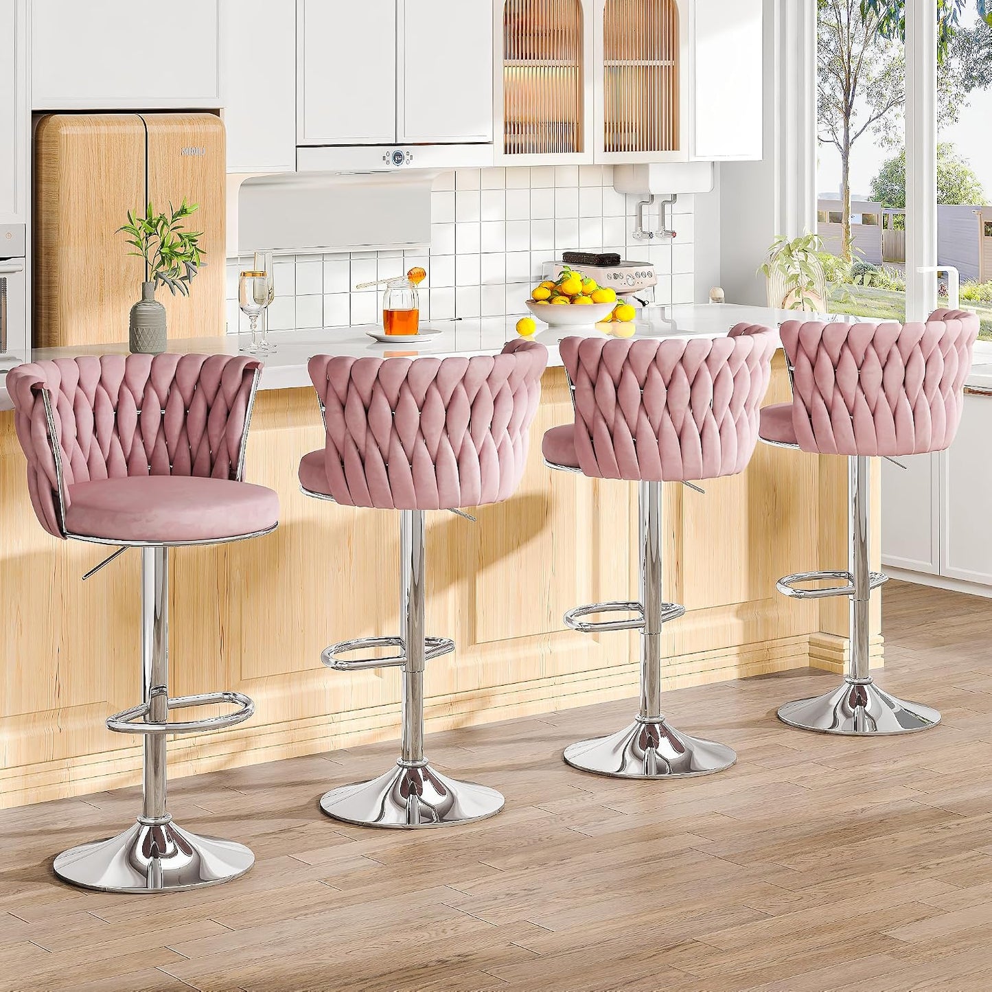 Black Velvet Swivel Bar Stools with Tufted Back Adjustable Height Set of 2