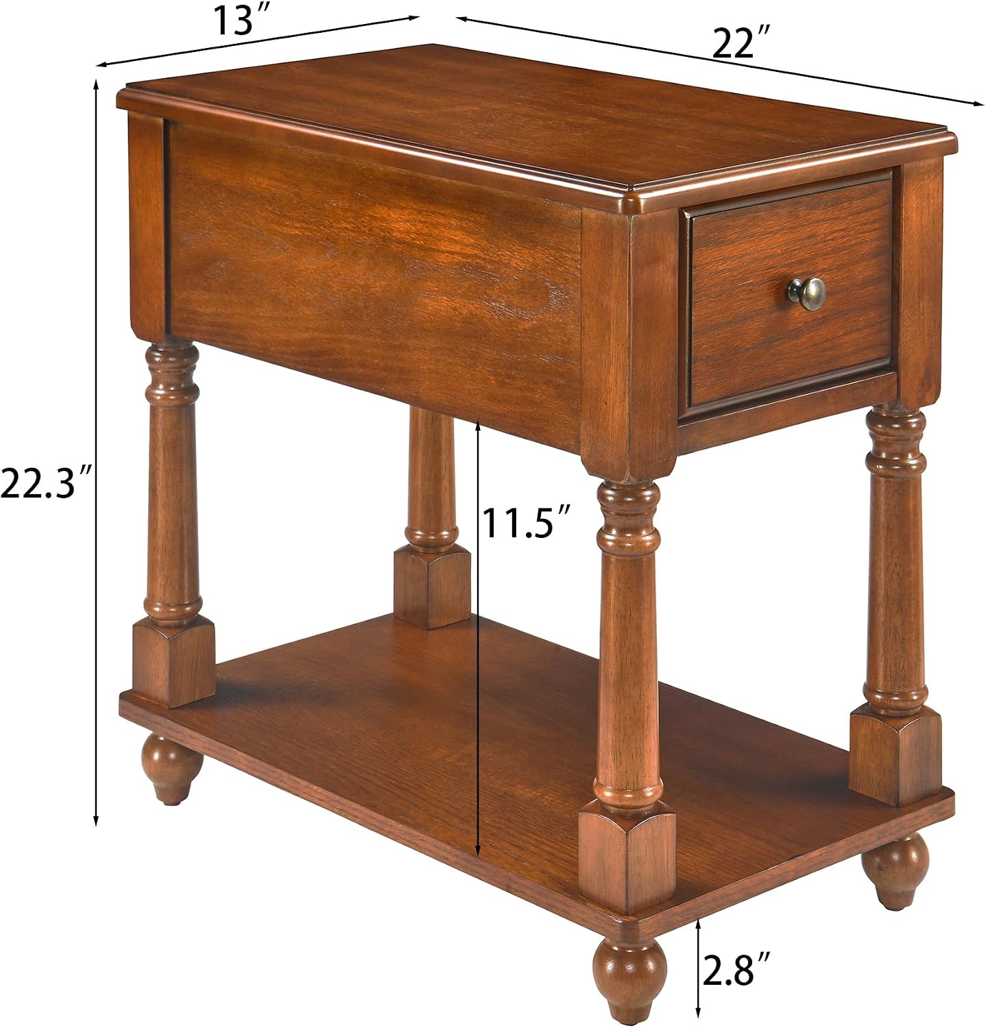 Solid Wood Narrow Nightstand with Drawer Cherry Brown Bedside End Table