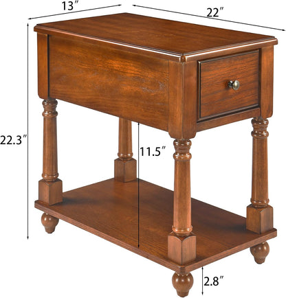 Solid Wood Narrow Nightstand with Drawer Cherry Brown Bedside End Table