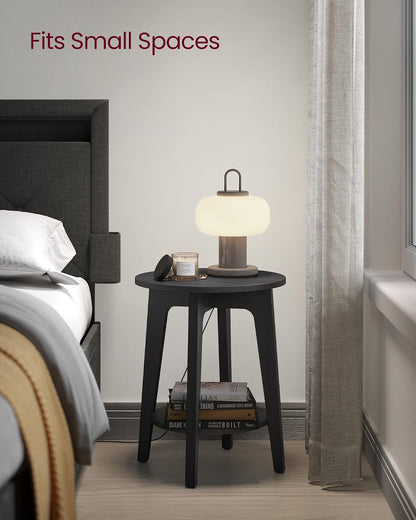 Round Wood Side Table with Lower Shelf Mid Century End Table