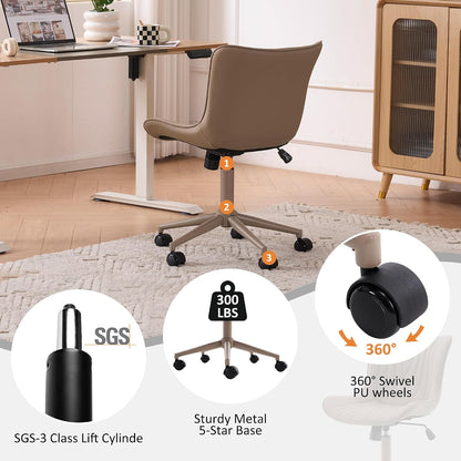 Brown Faux Leather Office Chair Adjustable Swivel Rolling Armless Desk Chair