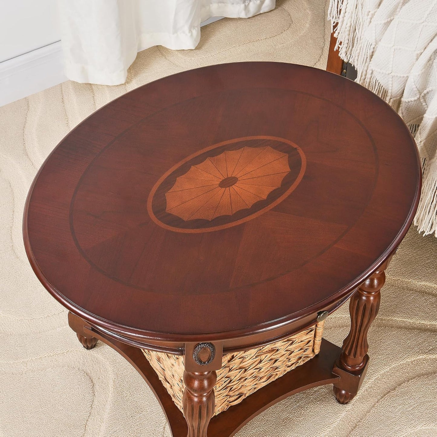 Solid Wood Oval End Table with Drawer and Lower Storage Shelf