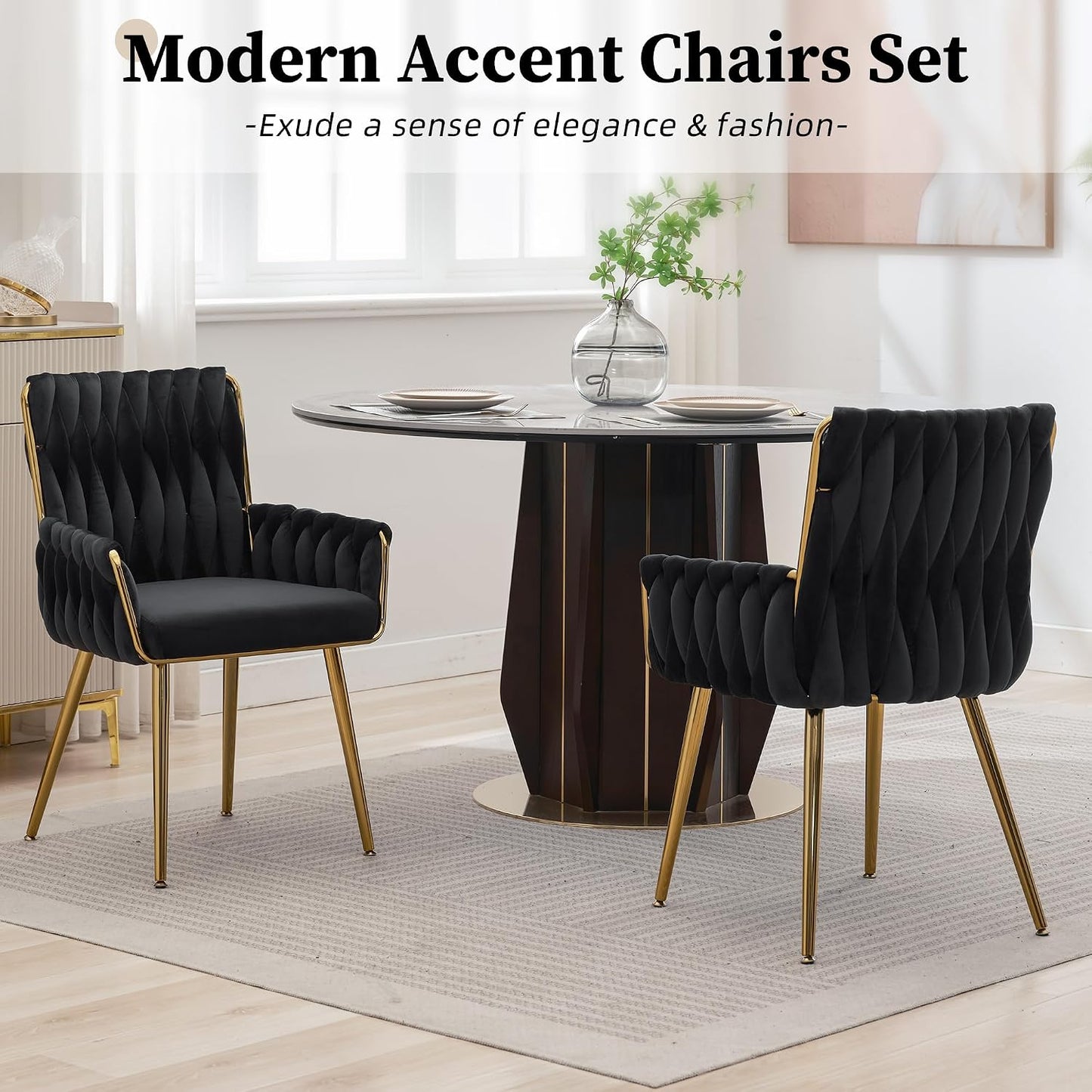 Beige Velvet Vanity Chair Hand Woven Gold Leg Upholstered Accent Chair