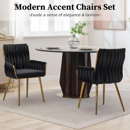 Beige Velvet Vanity Chair Hand Woven Gold Leg Upholstered Accent Chair