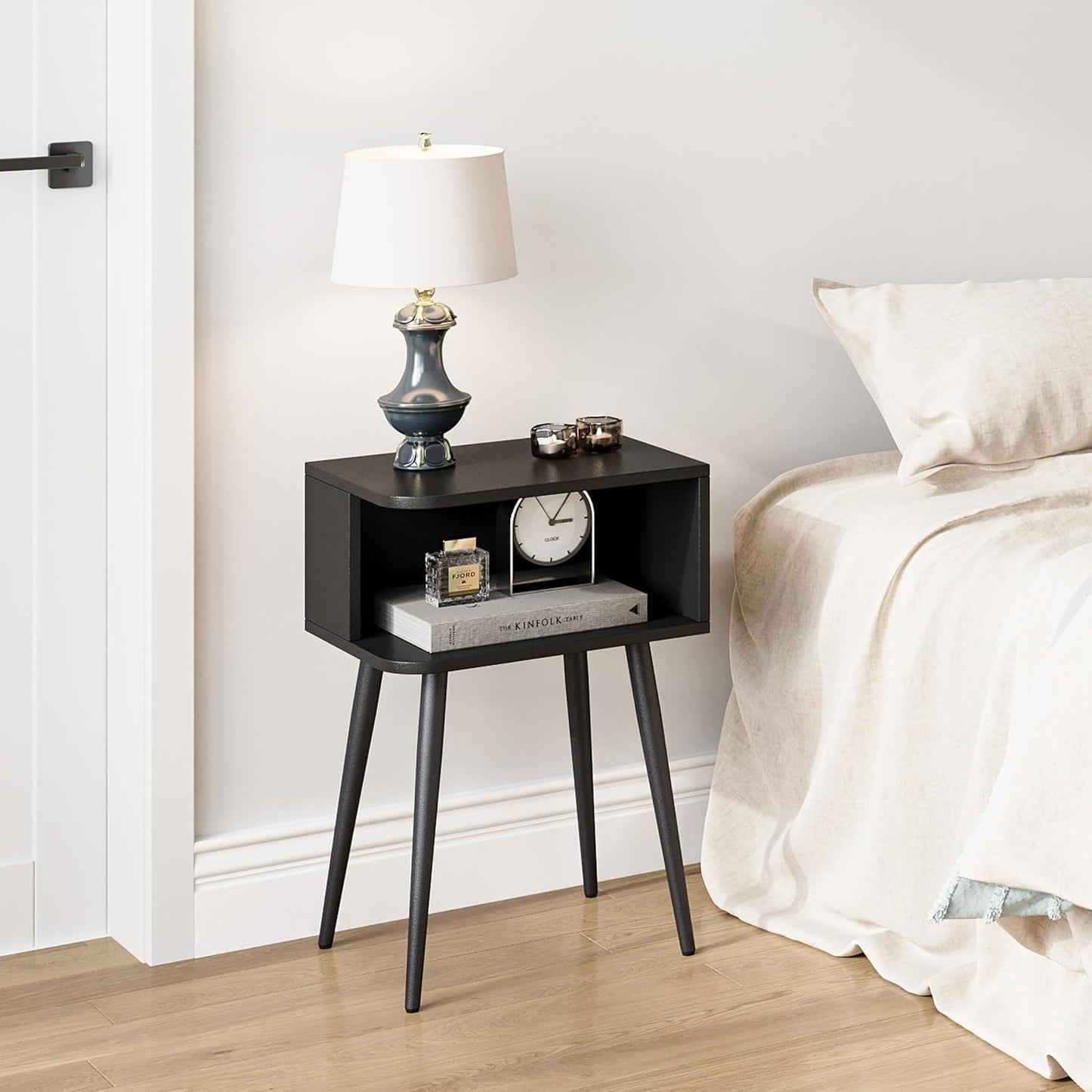 Mid-Century Modern Walnut Brown Nightstand Set of 2 with Open Storage