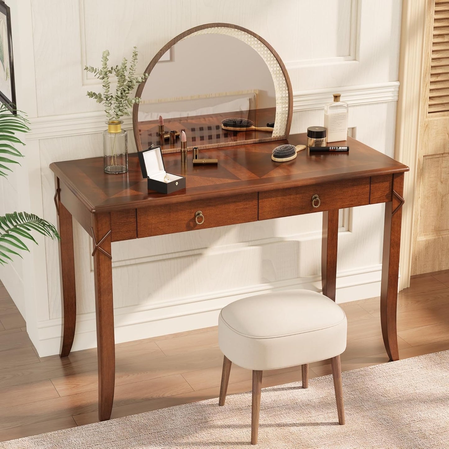 Vintage Solid Wood Writing Desk with 2 Drawers Cherry Brown Secretary Table