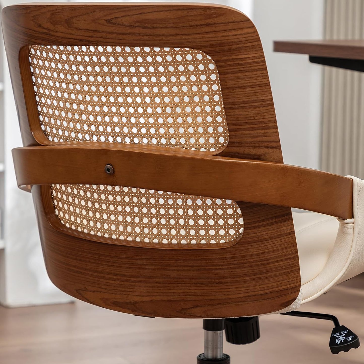 Walnut Rattan Office Chair Green Faux Leather Swivel Rolling Desk Chair