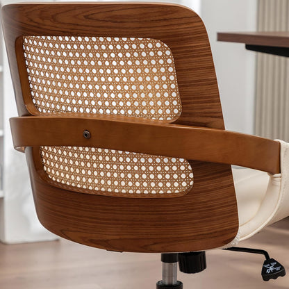 Walnut Rattan Office Chair Green Faux Leather Swivel Rolling Desk Chair