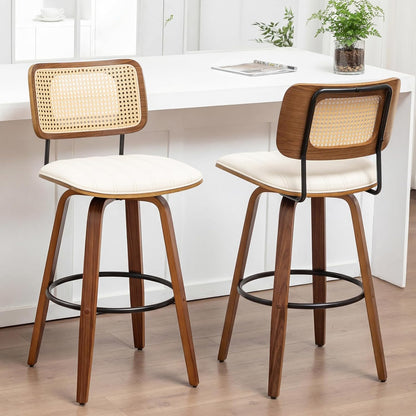 Walnut Rattan Counter Stool with Cane Back Grey Fabric Seat 26 Inch