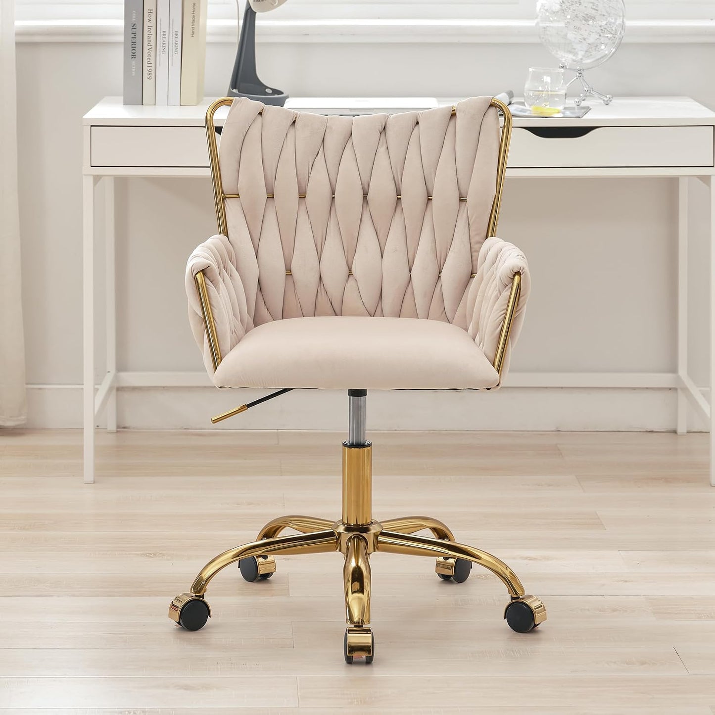 Rose Pink Velvet Vanity Chair Gold Swivel Rolling Office Chair with Wheels