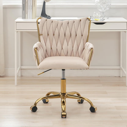 Rose Pink Velvet Vanity Chair Gold Swivel Rolling Office Chair with Wheels