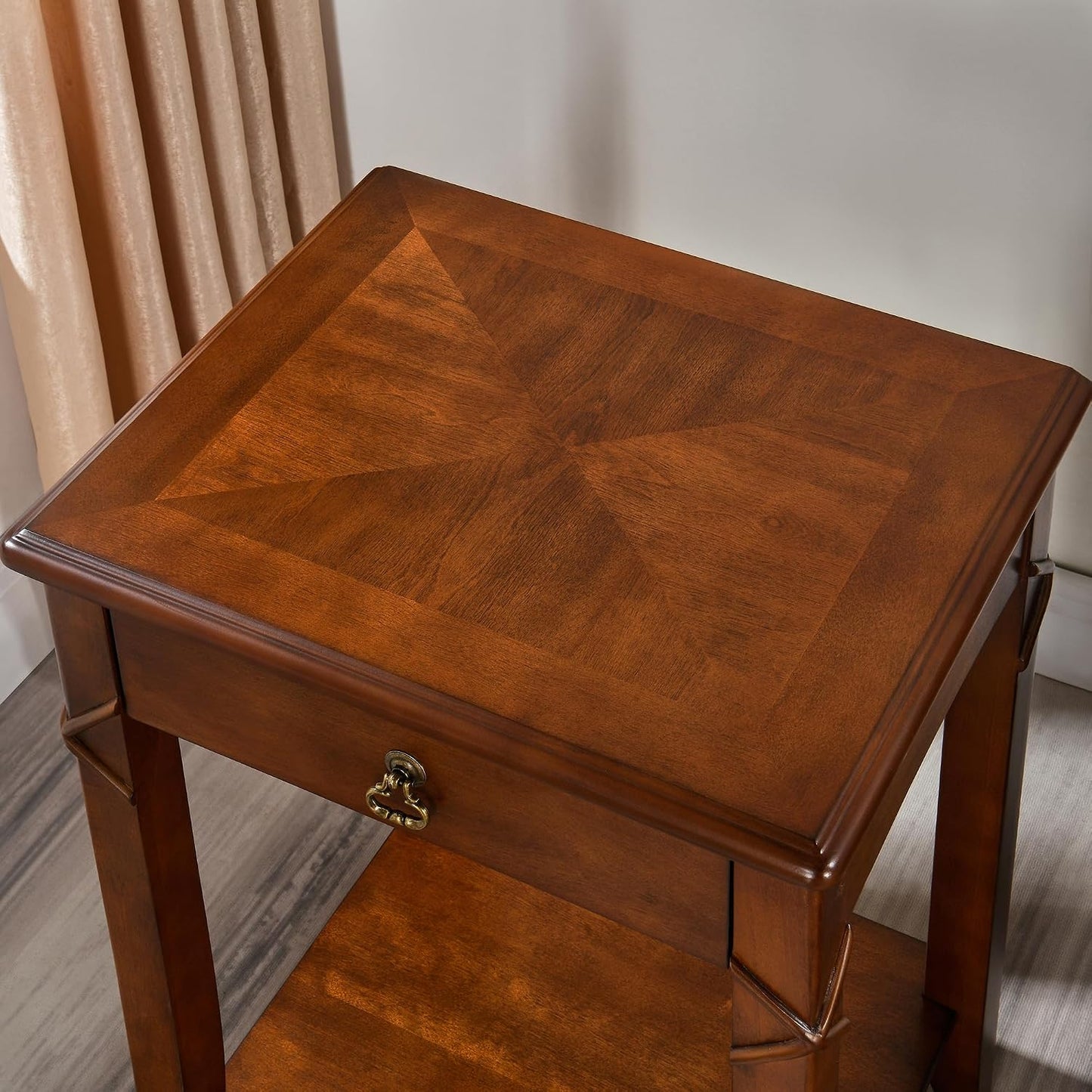 Victorian Solid Wood End Table Cherry Walnut Nightstand with Drawer and Storage Shelf