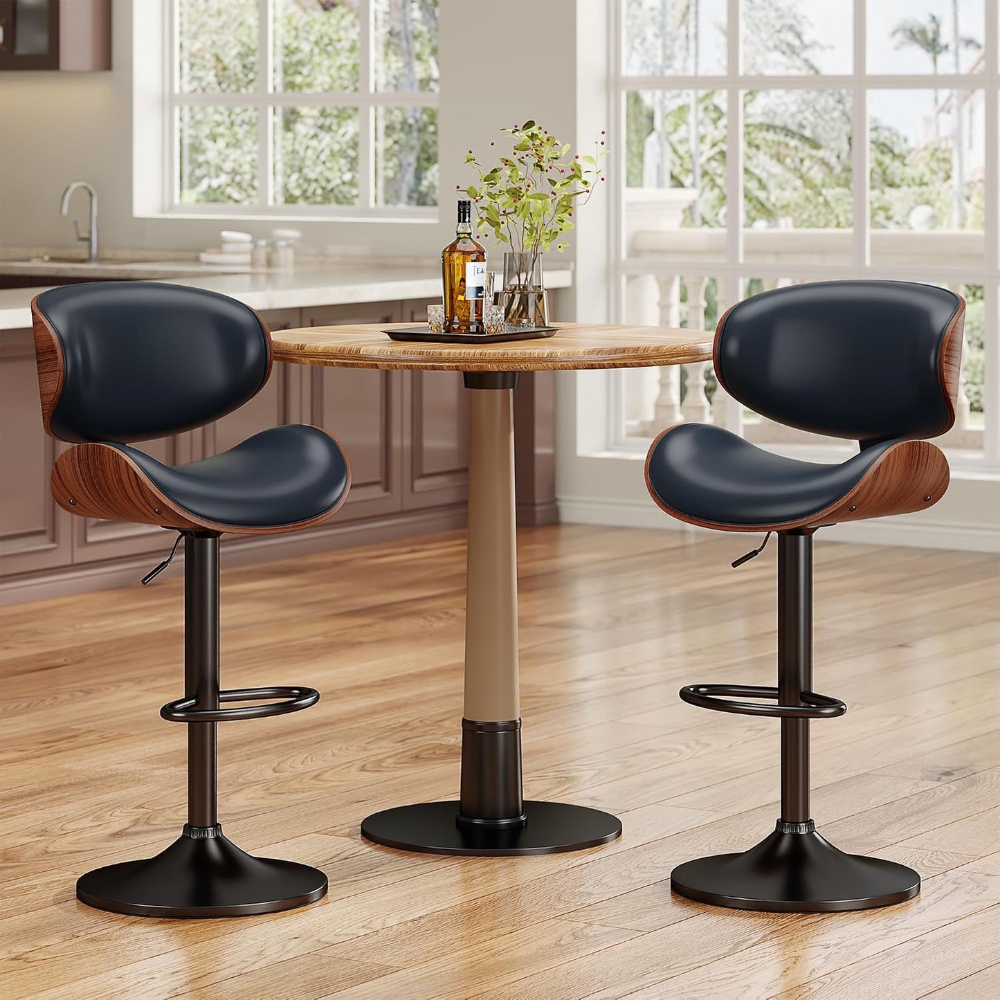 Adjustable Swivel Bar Stool Black PU Leather Walnut Bentwood Counter Chair
