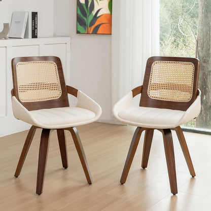 Walnut Cane Swivel Dining Chairs with Arms Black Faux Leather Set of 2