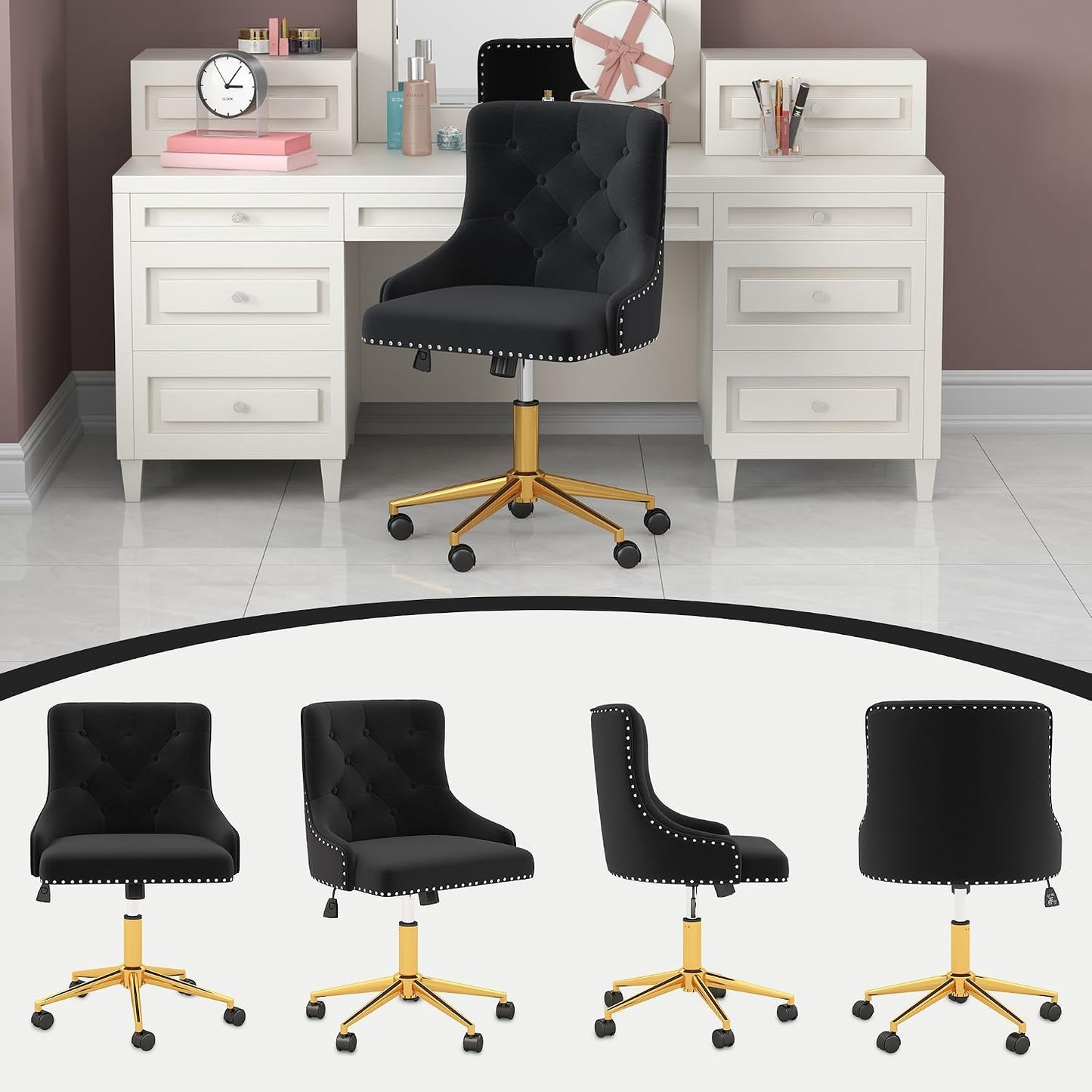 Beige Velvet Swivel Desk Chair Tufted Vanity Chair with Gold Base and Wheels