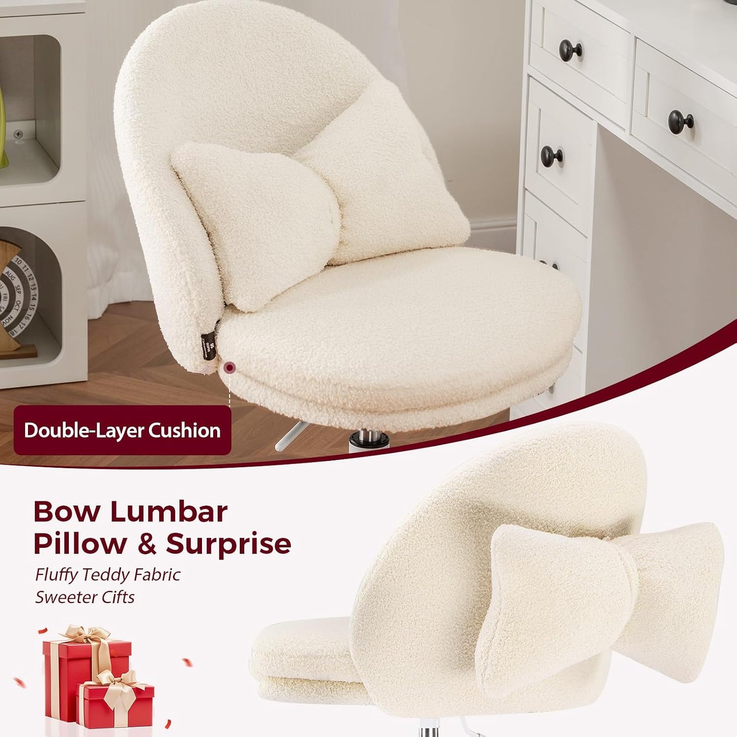 Pink Velvet Vanity Chair Adjustable Swivel Rolling Desk Chair with Lumbar Pillow