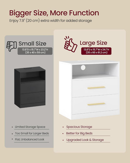Modern Misty Gray Nightstand with LED Lights & Charging Station – 2-Drawer Bedside Table