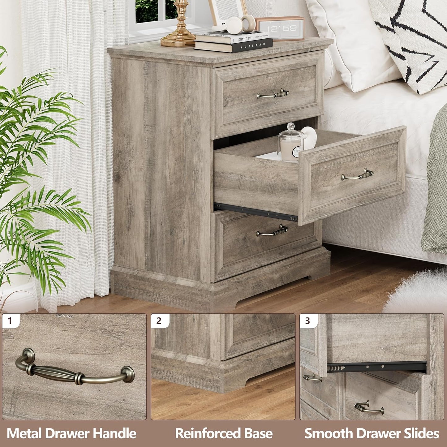 White Farmhouse Nightstand with 3 Drawers Wide Bedside Storage Table