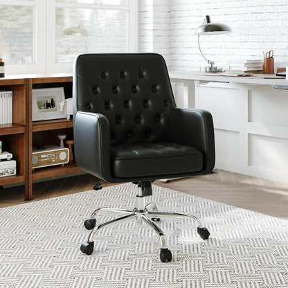 Khaki Leather Office Chair Tufted Adjustable Swivel Desk Chair with Arms