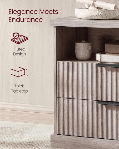 Modern Oak Beige Nightstand with Charging Station – 2-Drawer Fluted Bedside Table