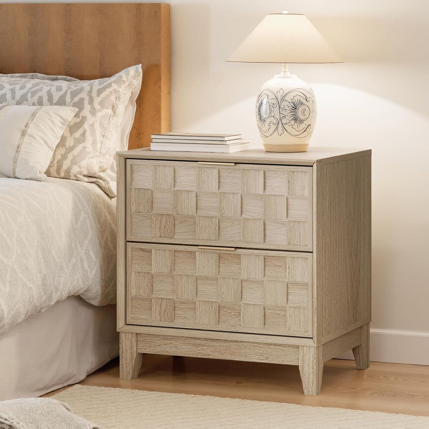 Modern Oak 2-Drawer Nightstand with Charging Station – Textured Bedside Table