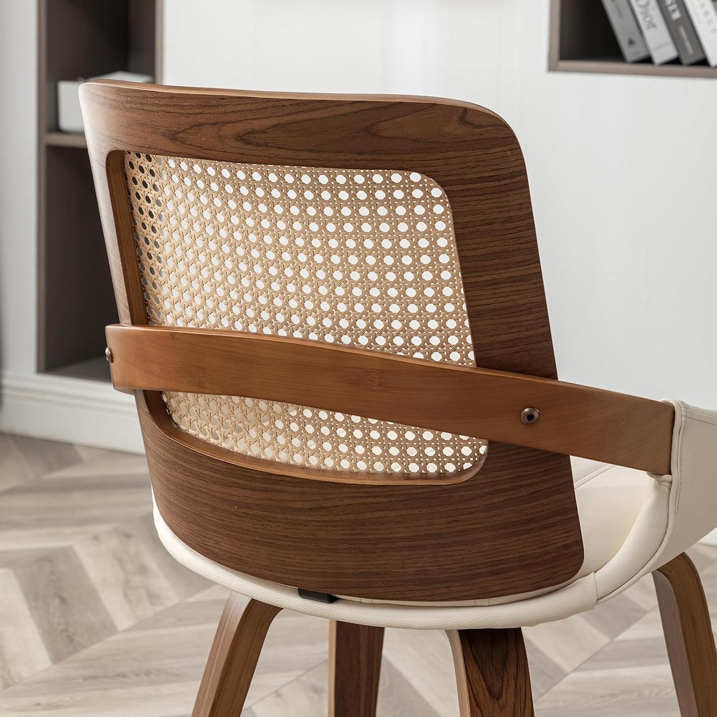 Walnut Rattan Dining Chair with Cane Back Black Upholstered Seat and Arms