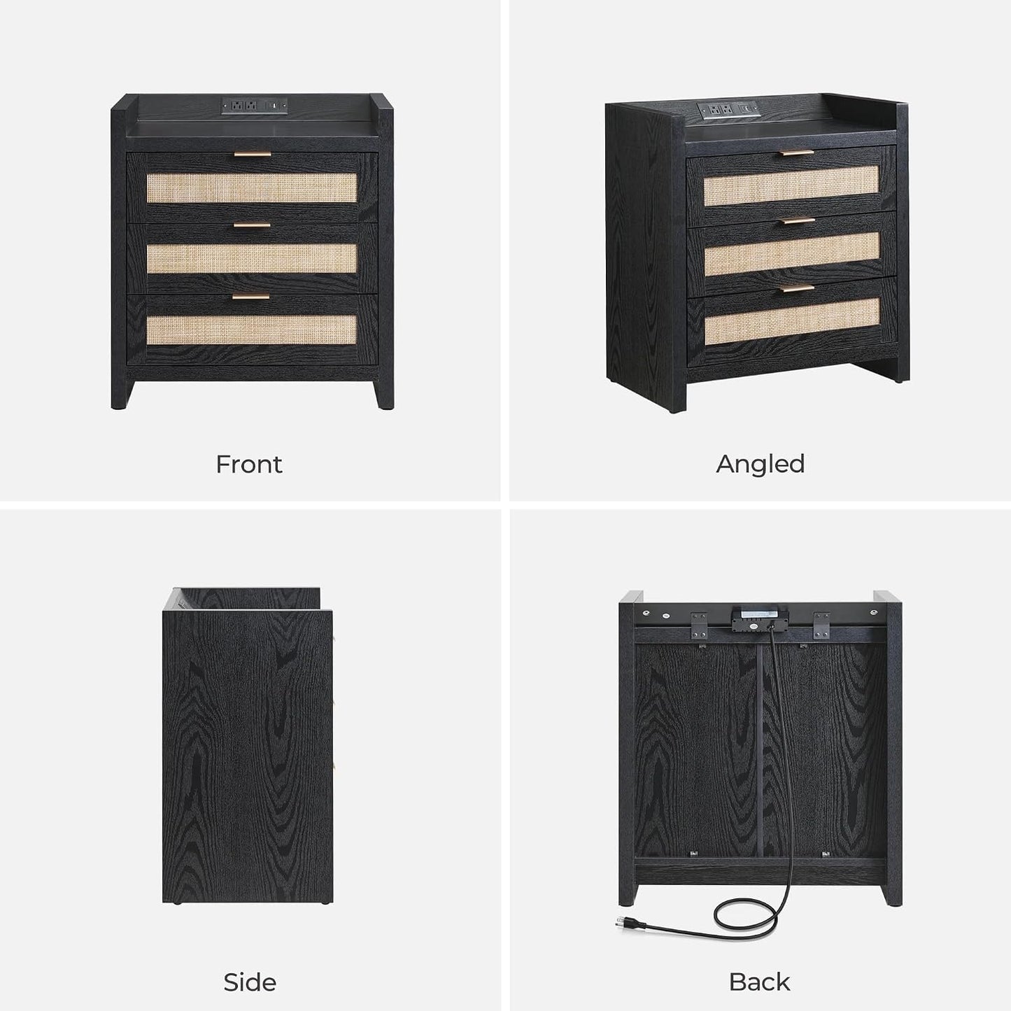 Rattan Nightstand with 3 Drawers Charging Station Farmhouse Bedside Table