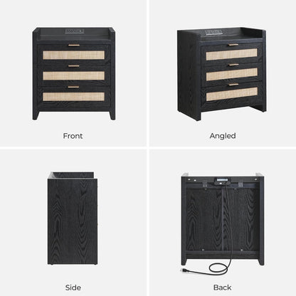 Rattan Nightstand with 3 Drawers Charging Station Farmhouse Bedside Table