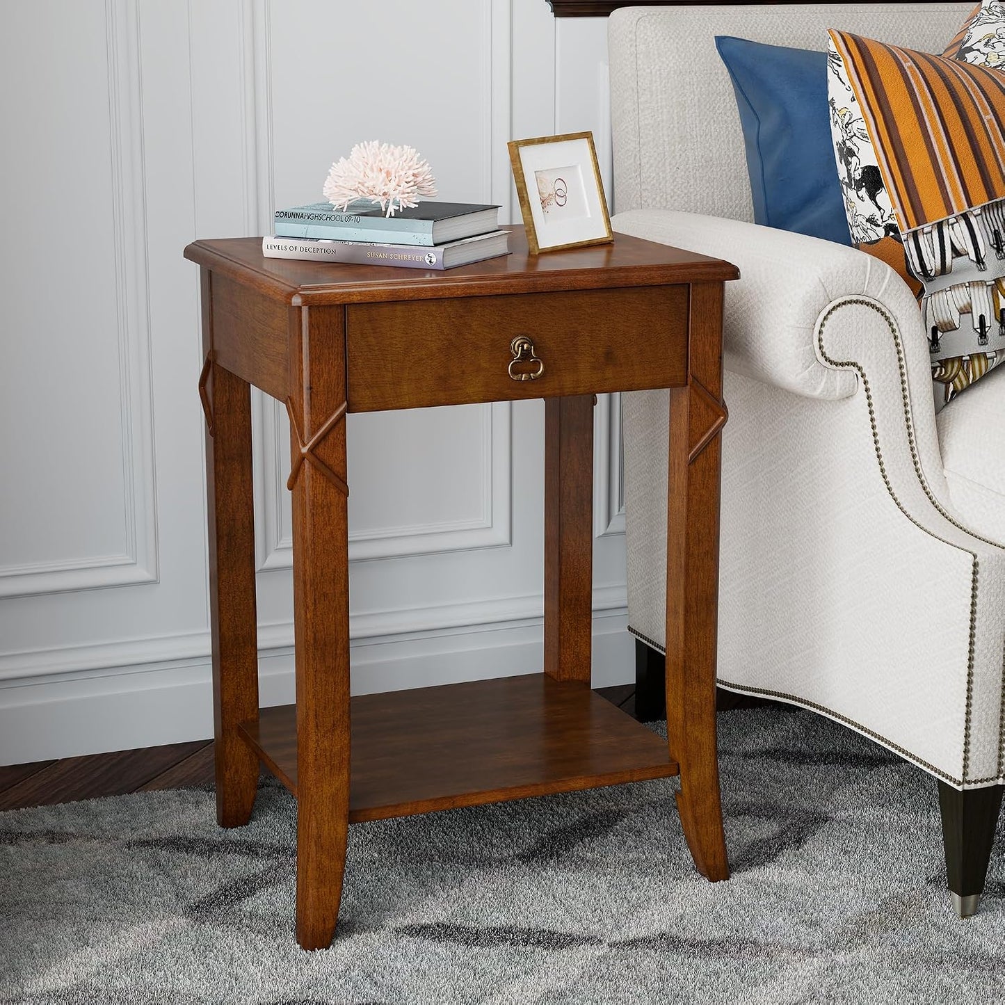 Victorian Solid Wood End Table Cherry Walnut Nightstand with Drawer and Storage Shelf