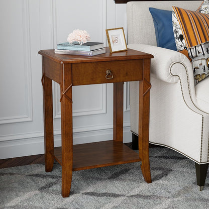 Victorian Solid Wood End Table Cherry Walnut Nightstand with Drawer and Storage Shelf