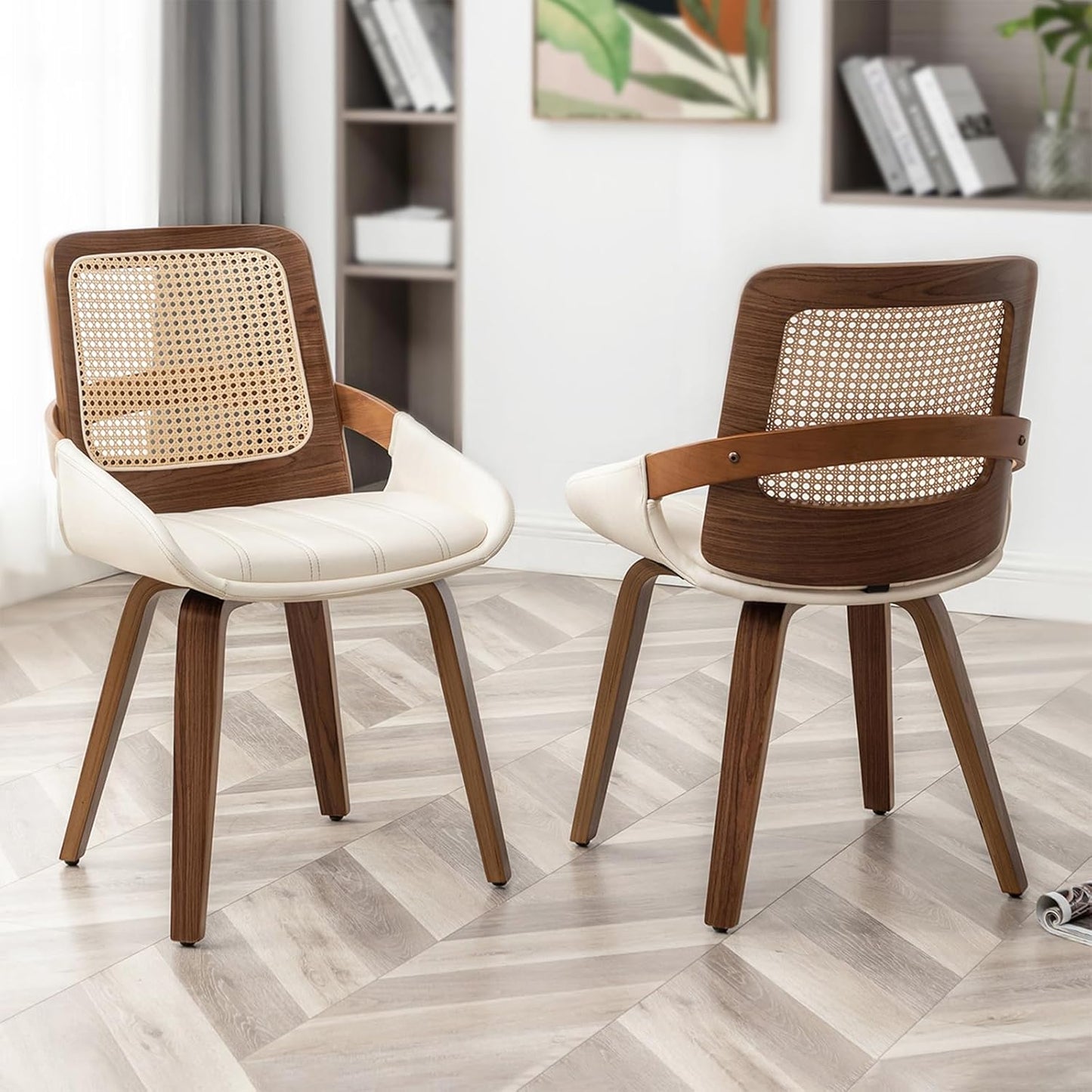 Walnut Rattan Dining Chair with Cane Back Black Upholstered Seat and Arms