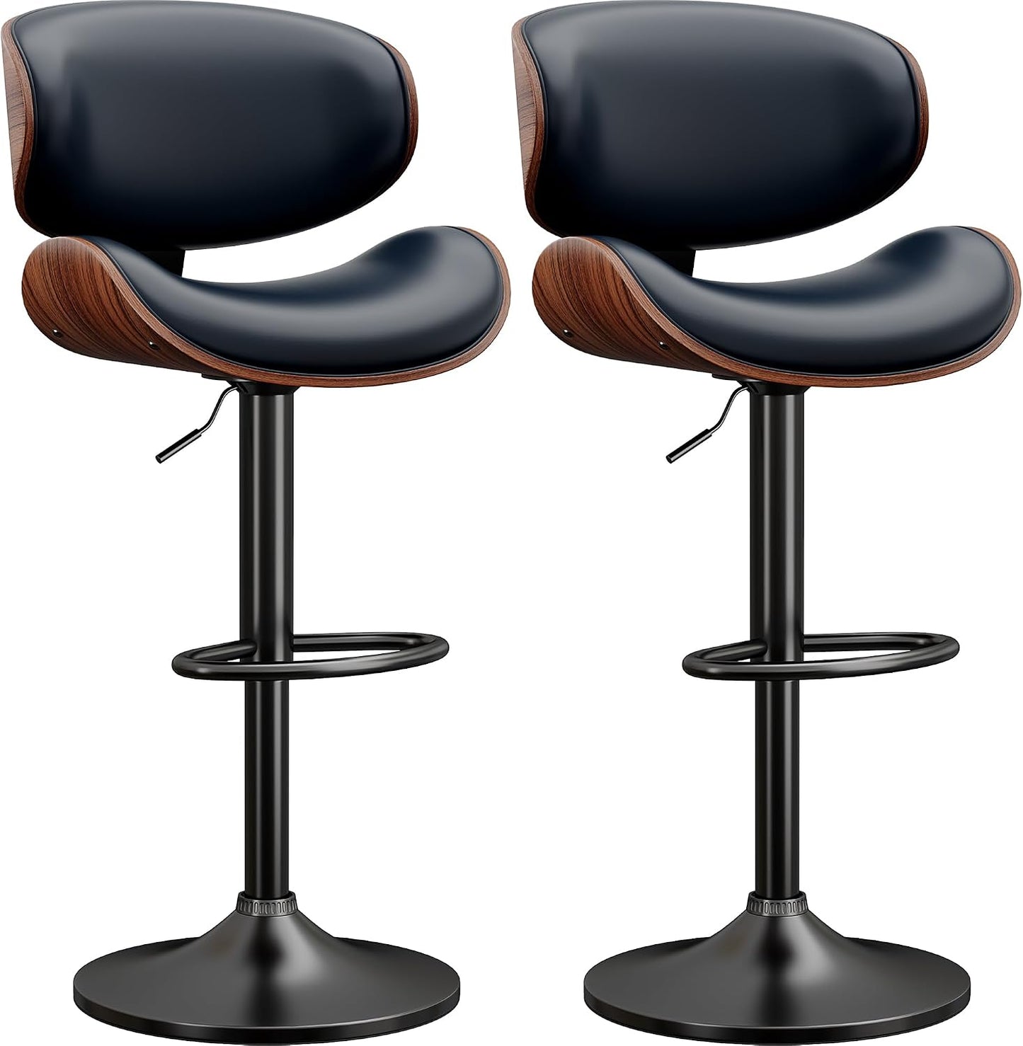 Adjustable Swivel Bar Stool Black PU Leather Walnut Bentwood Counter Chair